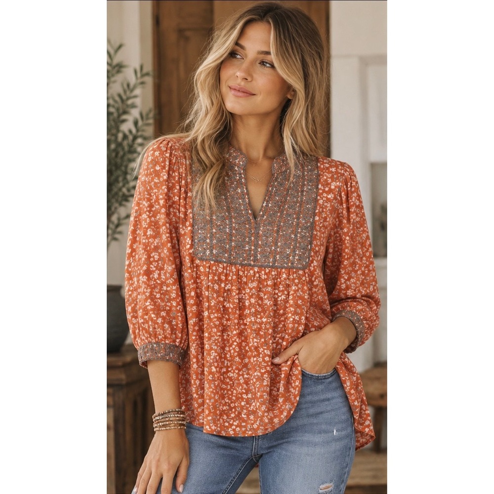 Sister Mary Blouse Womens XS Rust Floral Embroidered Boho Peasant Top 3/4 Sleeve